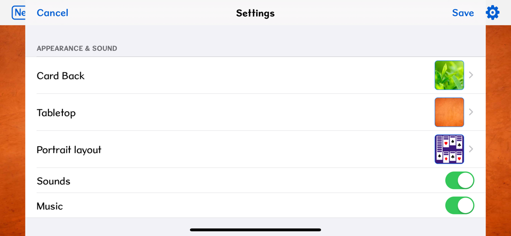 El menú de configuración de apariencia y sonido para la aplicación de solitario Klondike