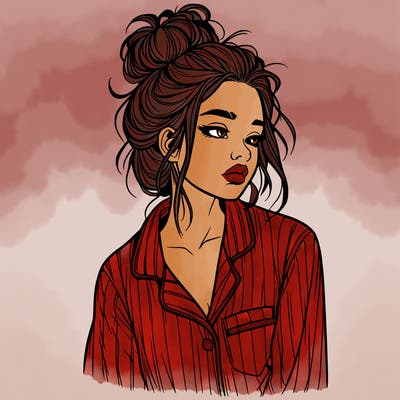 realistic woman with pajamas on and a messy bun