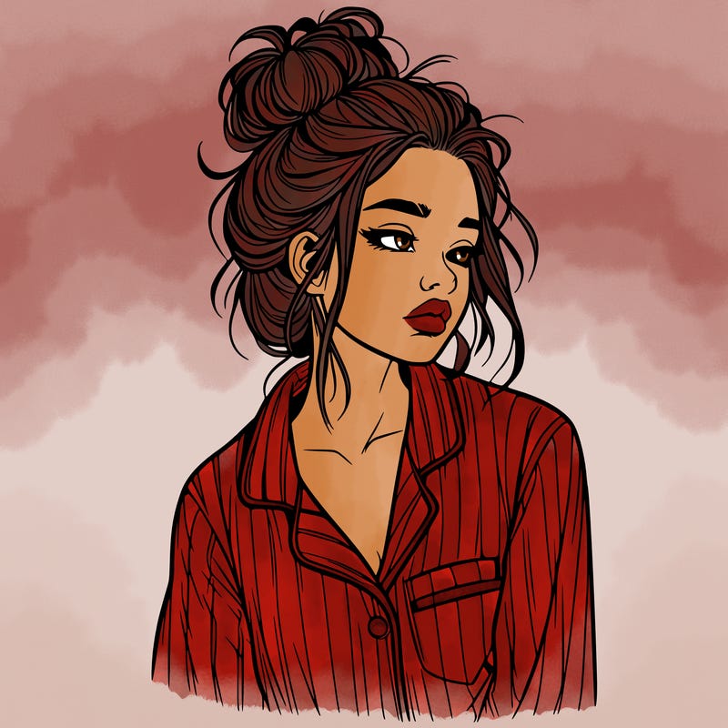 realistic woman with pajamas on and a messy bun
