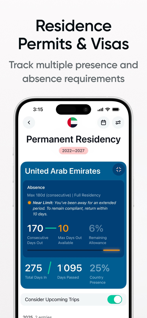 Flamingo app interface showing permanent residency status and absence tracking for the United Arab Emirates.