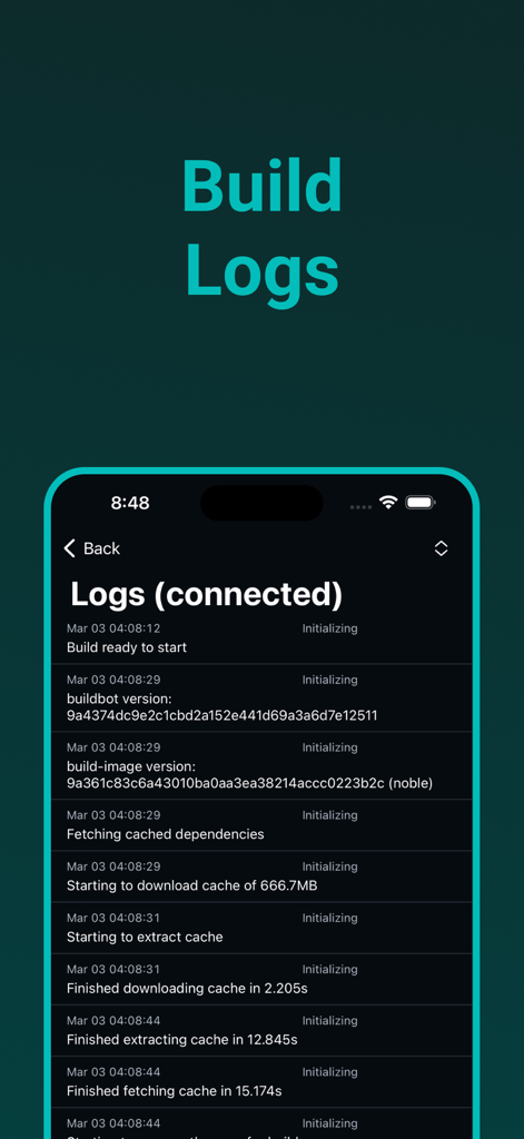 Dashify for Netlify.com - Dashify アプリインターフェースのスクリーンショットに、iPhone 上の Netlify デプロイメントのリアルタイムビルドログが表示されています。