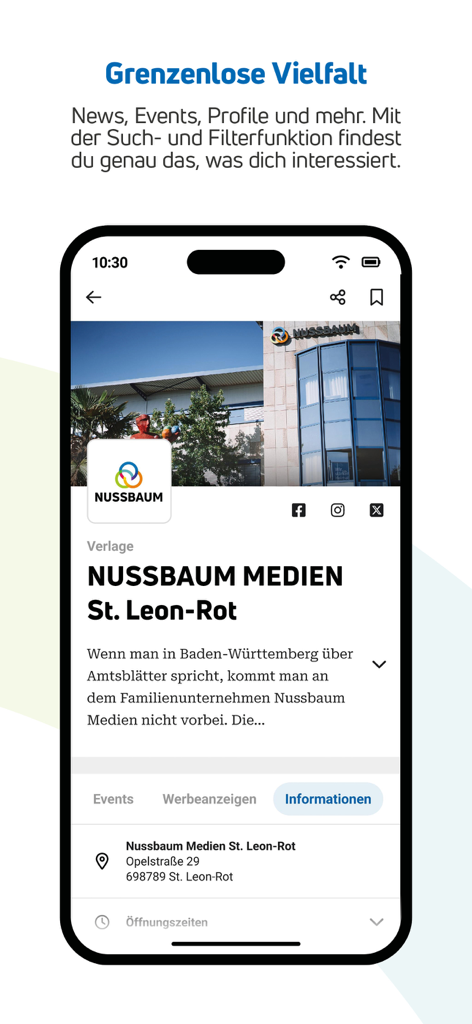 Tela de perfil e informações de negócios local no aplicativo NUSSBAUM mostrando detalhes de localização e notícias