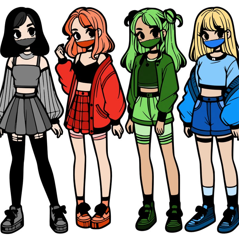 one girl with crop-top shirt and a jacket with a skirt, long socks and another girl with a shirt and pants with a jacket