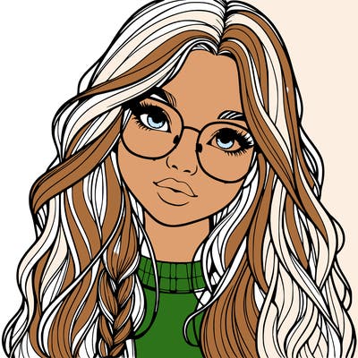 girl with long hair and freckles and glasses realistic