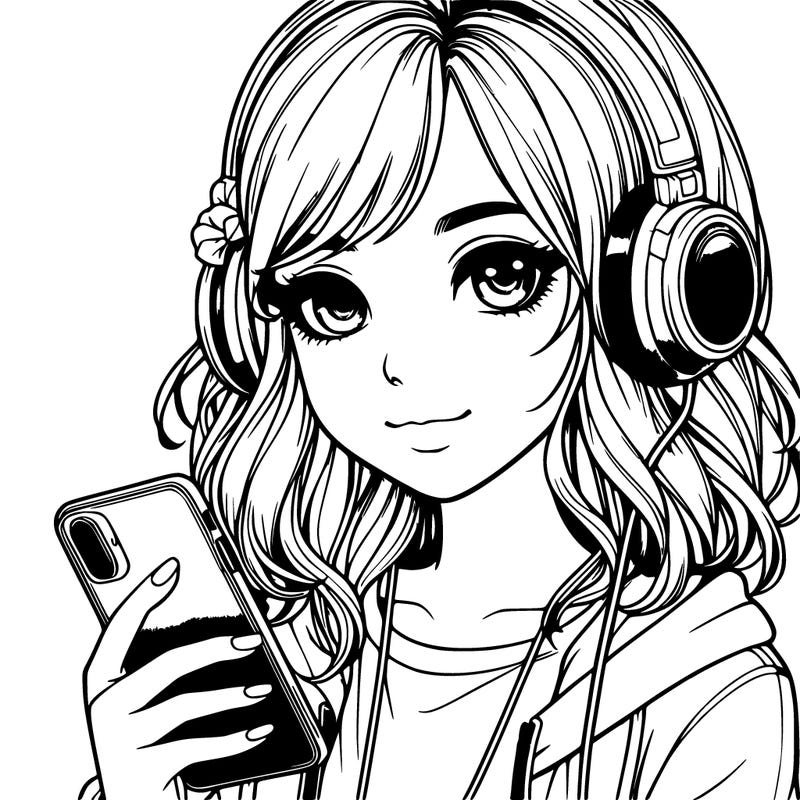 realistic girl with a phone and headphones