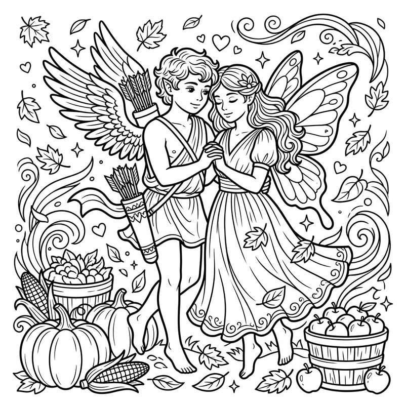 Explore the timeless tale of Cupid and Psyche in a beautiful autumn setting, perfect for a relaxing coloring session. This intricate design blends mythical romance with the cozy charm of fall, offering a delightful creative escape.