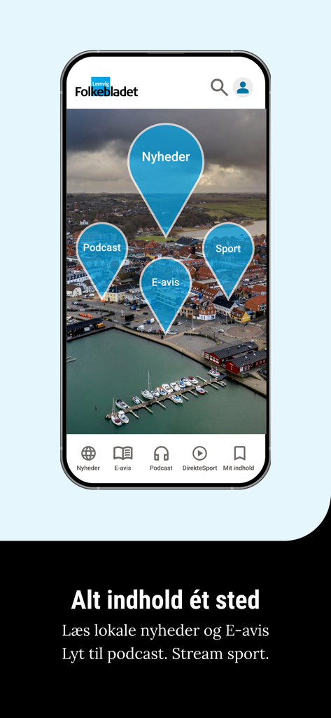 Folkebladet Lemvig - Folkebladet Lemvig news app home screen showing news podcast sport and epaper sections
