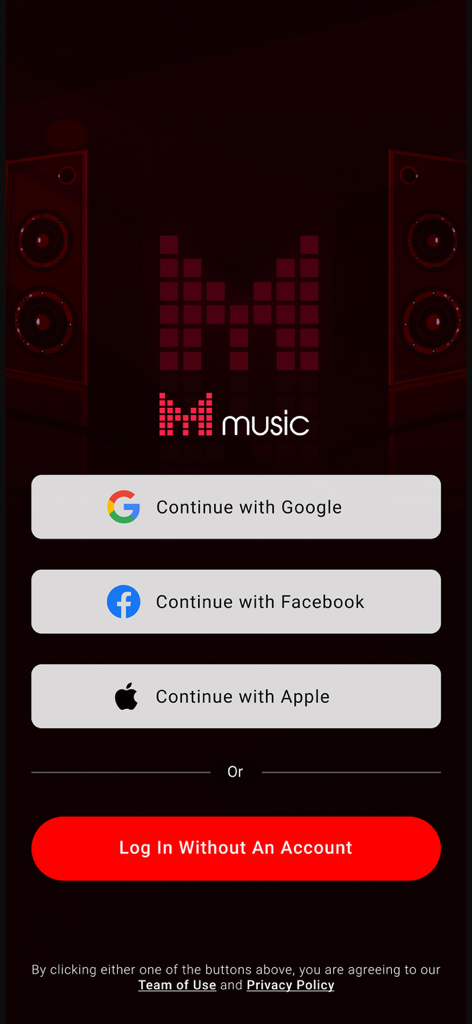 Mahar Music - Mahar Music app login screen with options to continue with Google, Facebook, Apple, or log in without an account.