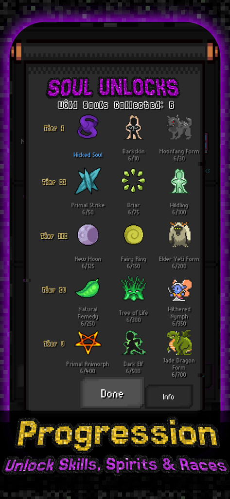 Adventure To Fate: Dungeons - A screen showing the Soul Unlocks progression menu in Adventure To Fate Dungeons featuring tiers of unlockable skills, spirits, and races with retro pixel art icons.