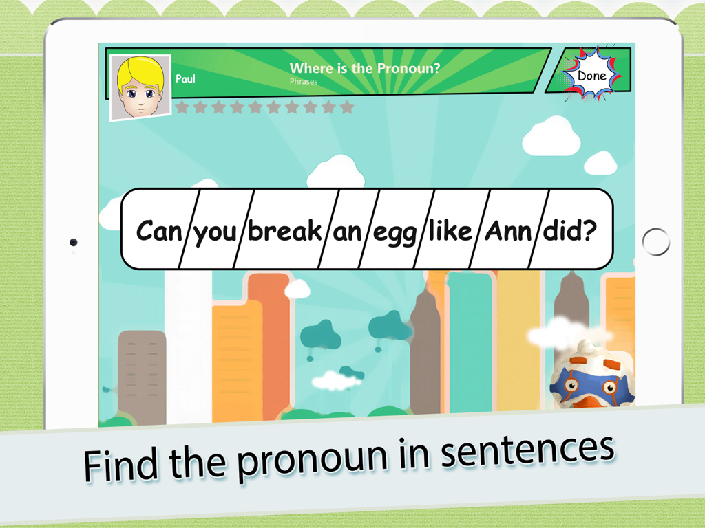 Pronoun Heroes - Pronoun Heroes app showing a sentence activity where users identify pronouns within a superhero themed interface.