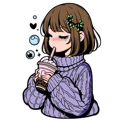 manga girl drinking boba in cozy sweater