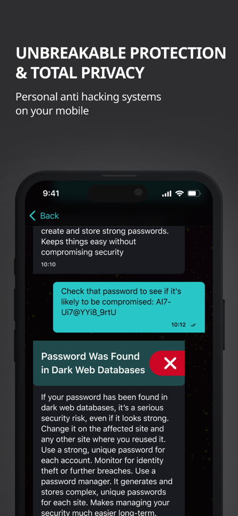 AI Security Breach Defender app showing a password leak notification and security warning