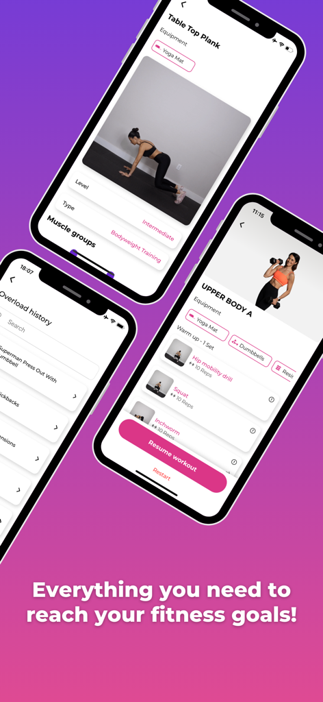 GetStronger: Fitness for Women - Capturas de pantalla de la aplicación GetStronger que muestran tutoriales de ejercicios, programas de entrenamiento y seguimiento del progreso para mujeres.