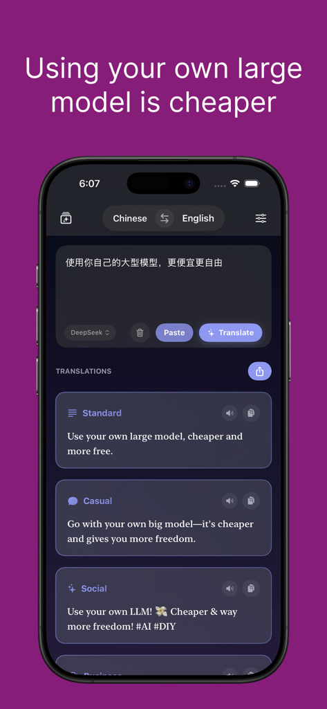FlashTranslate · Own API - FlashTranslate app interface showing Standard Casual and Social translation styles from Chinese to English.