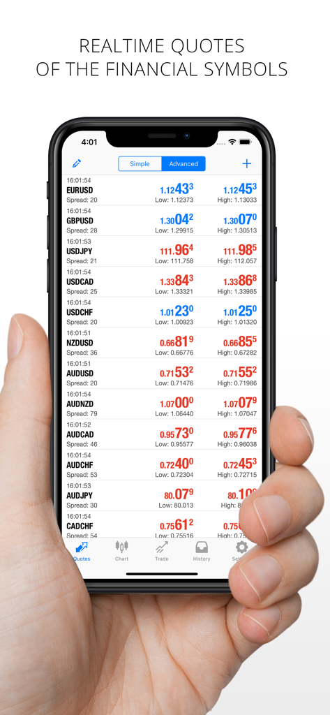 Interface de l'application MetaTrader 4 affichant les cotations de devises Forex en temps réel sur un iPhone