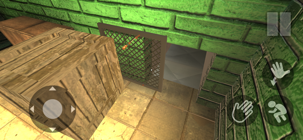 Escape from Prison Hide Seek - First person perspective of a hidden vent passage and interaction icons in a prison escape game