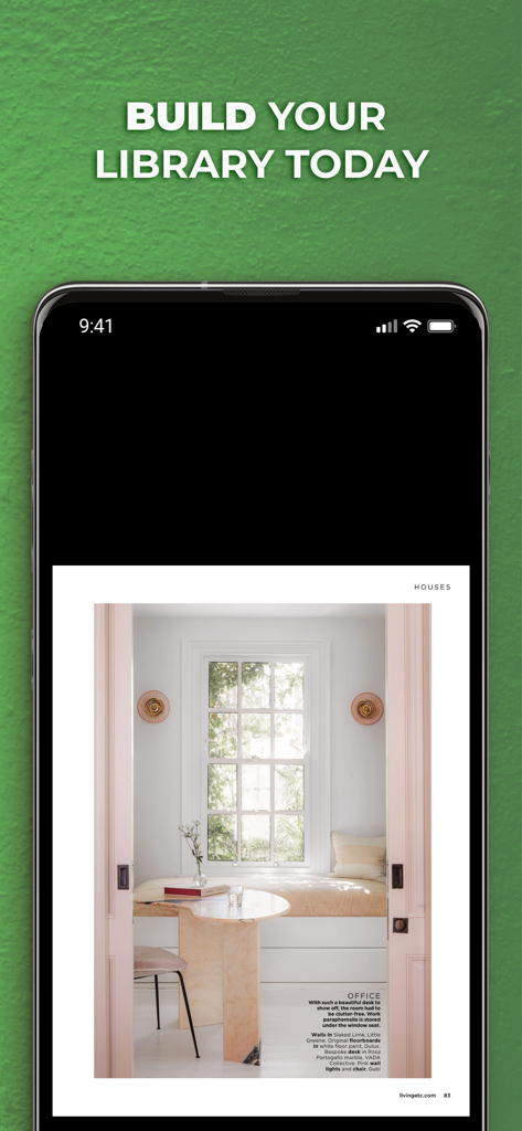 Livingetc Magazine NA - A smartphone screen displaying a contemporary home office design with a marble desk from Livingetc Magazine