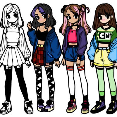 one girl with crop-top shirt and a jacket with a skirt, long socks and another girl with a shirt and pants with a jacket