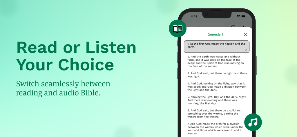 Bible - In the Name of Jesus - Smartphone displaying the Bible app with text of Genesis 1 and options to read or listen to audio