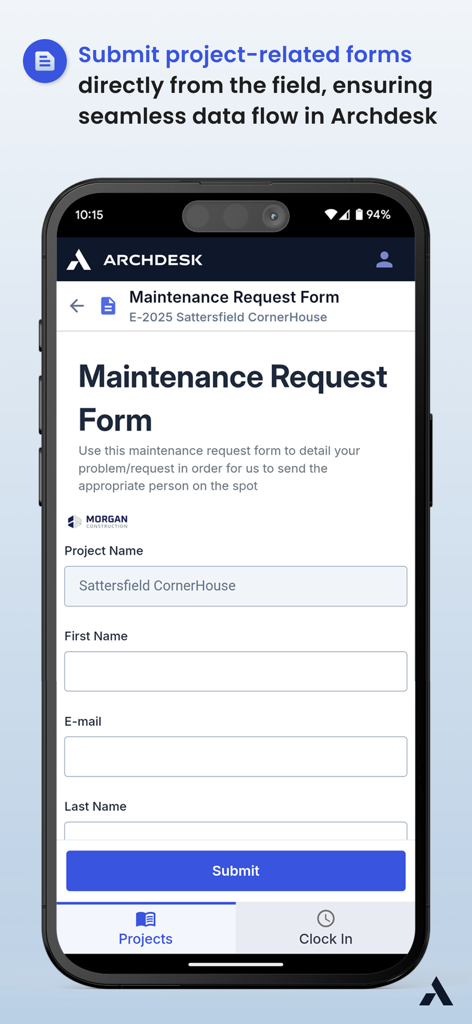 A mobile interface of Archdesk Lite displaying a maintenance request form for construction site data submission.