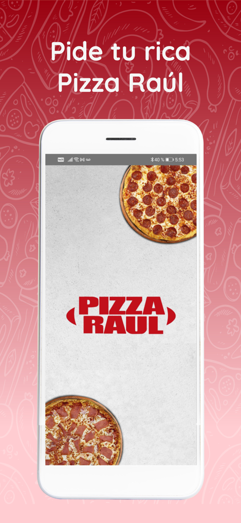 Pizza Raul - Smartphone displaying the Pizza Raul delivery app interface with delicious pizza images