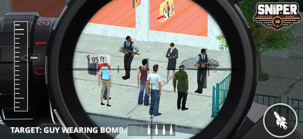 Vista de la mira de francotirador en primera persona apuntando a un objetivo de misión en una calle urbana