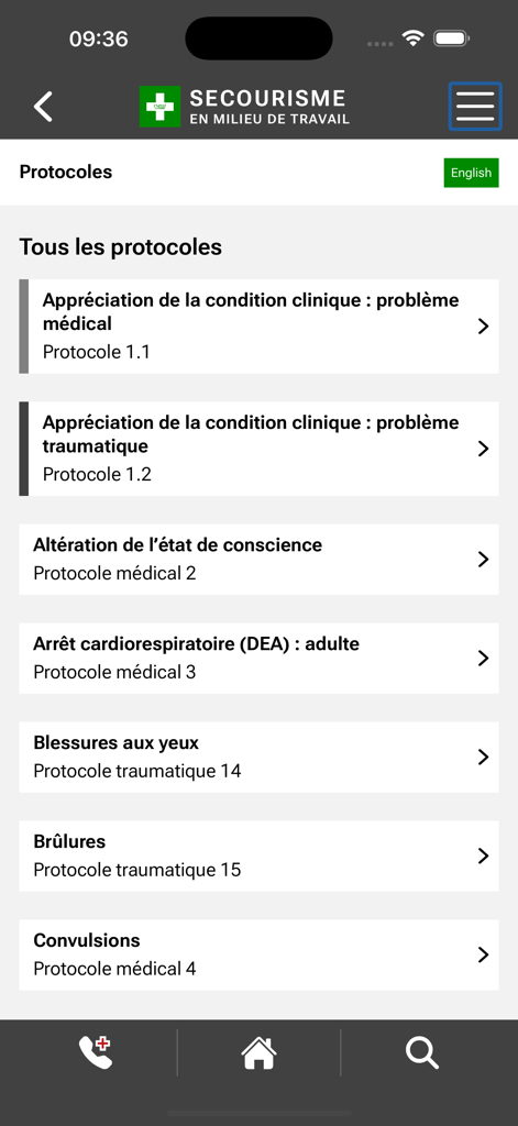 Secourisme - Milieu de travail - List of workplace first aid protocols in the Secourisme app by CNESST