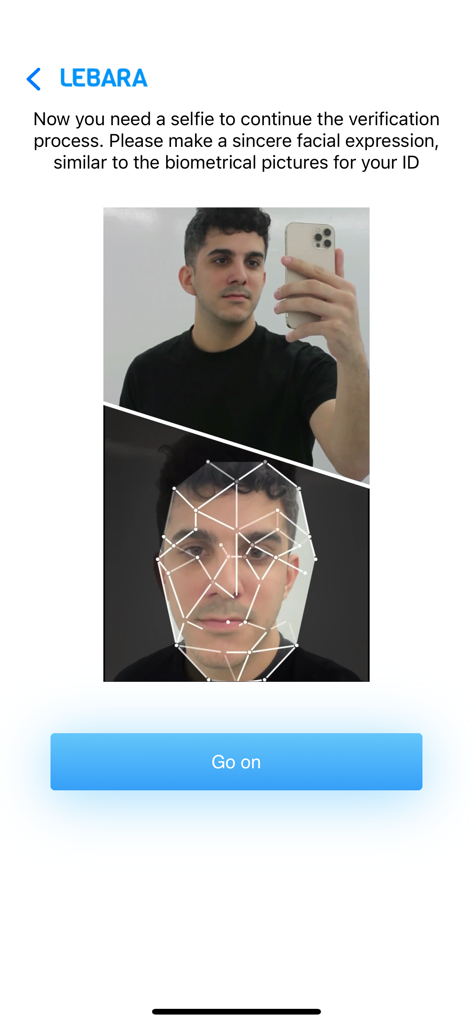 Lebara SIM Activation - Pantalla de verificación de identidad de la aplicación Lebara con escaneo biométrico de selfie