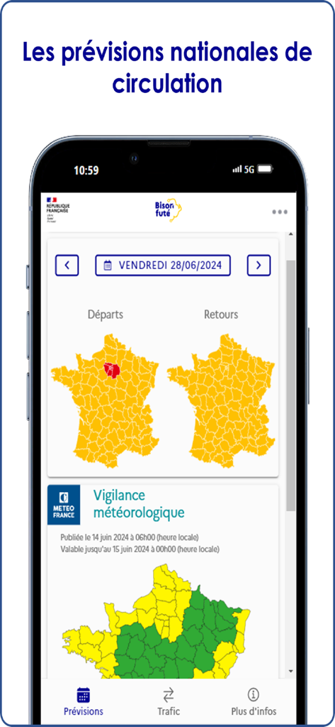Bison Futé app interface displaying national traffic forecasts and weather alerts for France