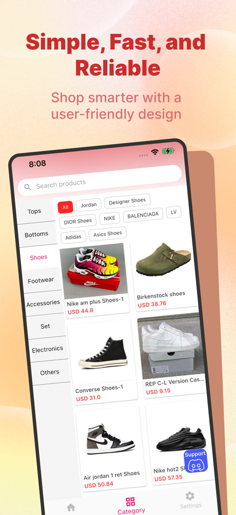 Cnfans Sheets app catalog showing Nike and Jordan sneakers with prices