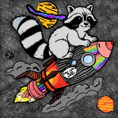 realistic raccoon flying on top rocket ship