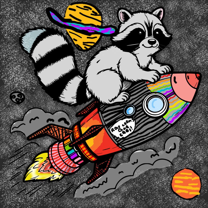 realistic raccoon flying on top rocket ship