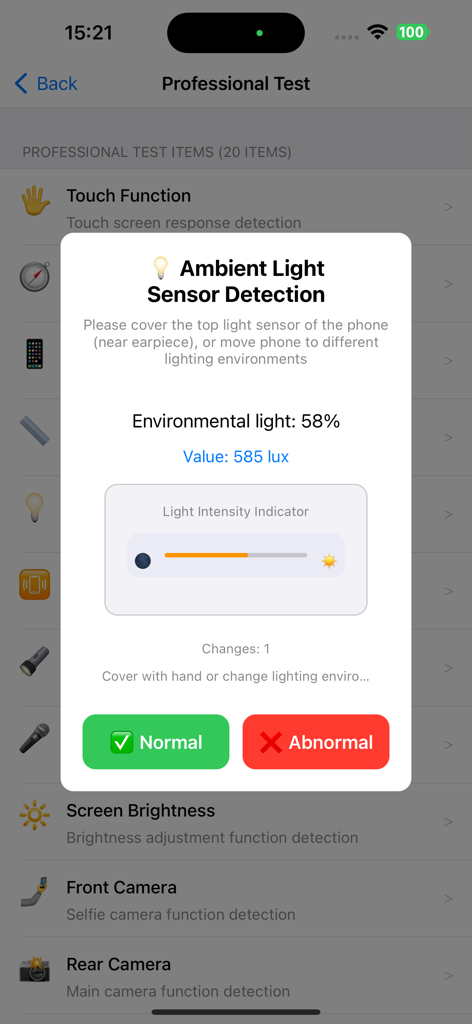 Phone Diagnostics Expert - Ambient light sensor detection interface on the Phone Diagnostics Expert app showing a lux value and light intensity indicator.