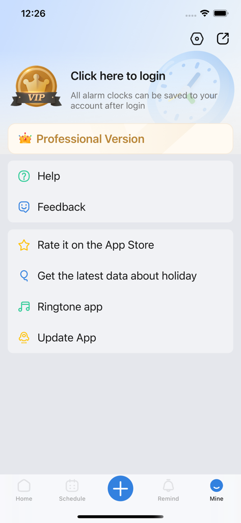 OK Alarm: Holiday & Shift Work - User profile and settings screen of the OK Alarm app featuring a professional version upgrade banner and menu options