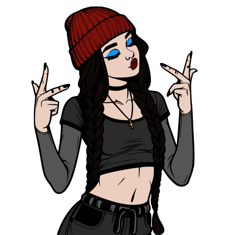 realistic teenage girl with braids and a beanie and crop top doing 🫶🏼