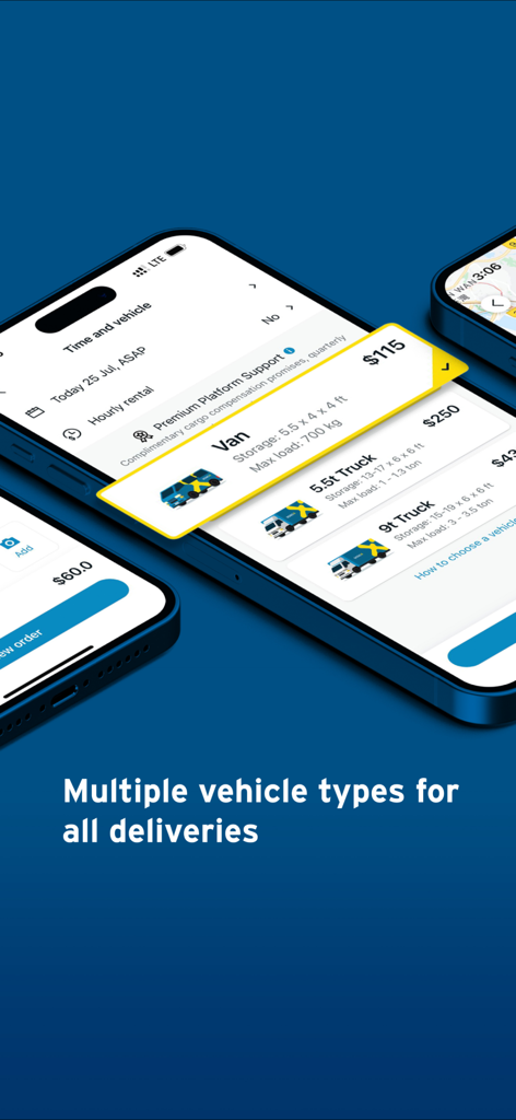 GoGoX app interface showing various vehicle options including vans and trucks with delivery prices