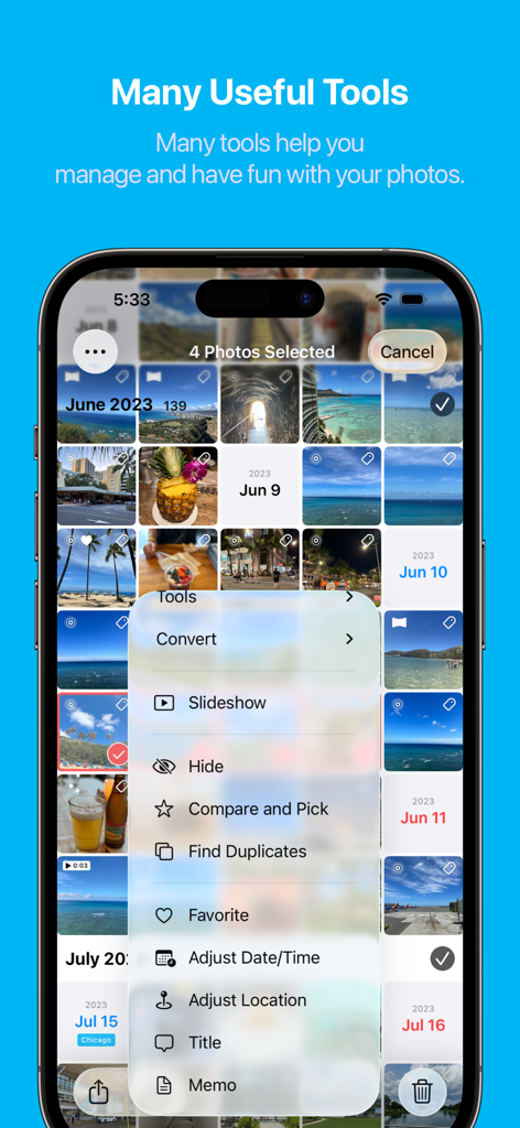Screenshot of the HashPhotos app showing a menu with various photo management tools such as Find Duplicates, Compare and Pick, and Edit Metadata.