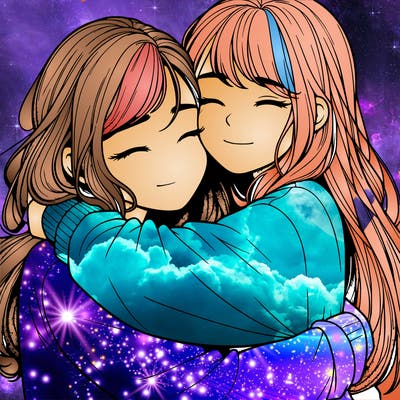 realistic two girls hugging