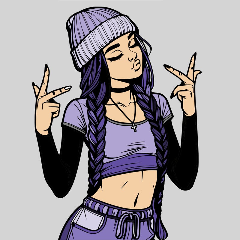 realistic teenage girl with braids and a beanie and crop top doing 🫶🏼