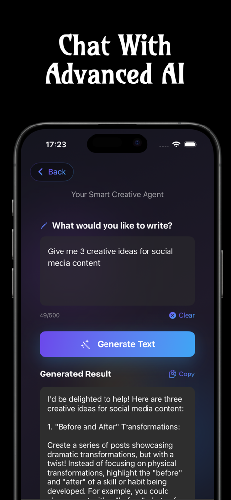 Craiyon AI Mobile - Interface of the Craiyon AI Mobile app's chat assistant generating creative social media content ideas