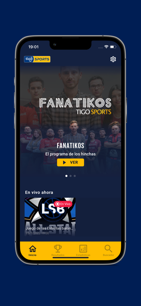 Tigo Sports Costa Rica app home screen featuring live sports broadcasts and programs