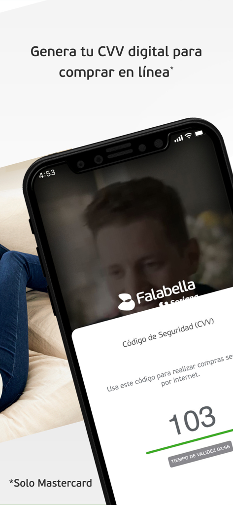 Tarjeta Falabella México - Interfaz de la app Tarjeta Falabella México mostrando un código CVV digital temporal para compras seguras en línea