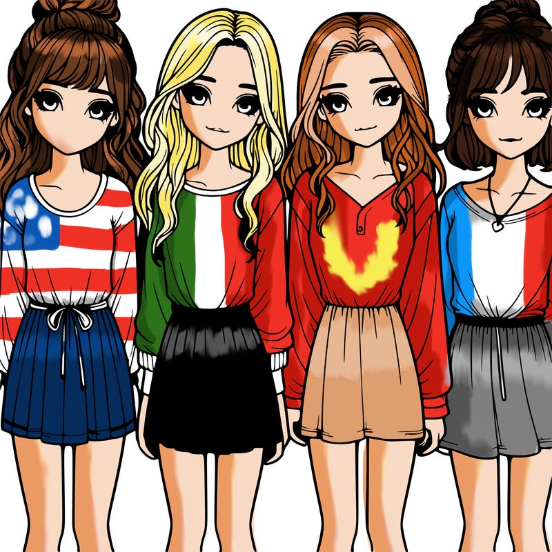 four realistic girls in a line