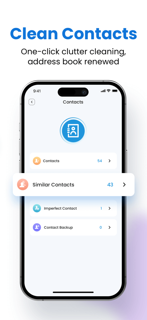 Sweepy Clean app interface showing contact management and duplicate cleaning features.