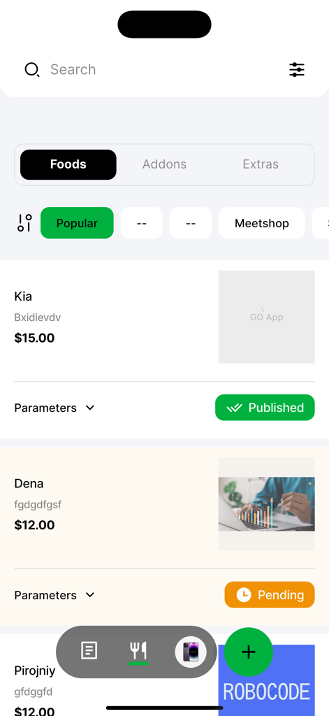 GO Partner: Vendor App - A screenshot of the GO Partner Vendor App showing a food menu list with prices and publishing status