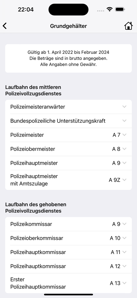 PWiki – Polizei-Lexikon - PWiki app interface showing base salaries and career ranks for German police officers