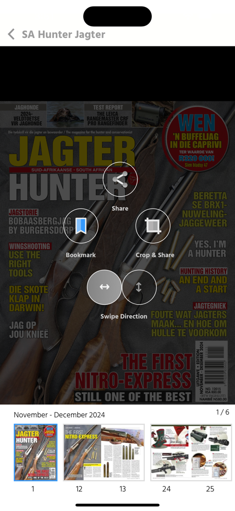 Aplicación SA Hunter Jagter mostrando una revista de caza con rifles en la portada y herramientas de navegación de lectura