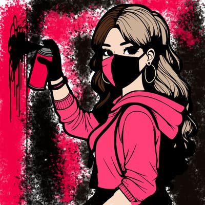 realistic girl with mask spray painting a wall