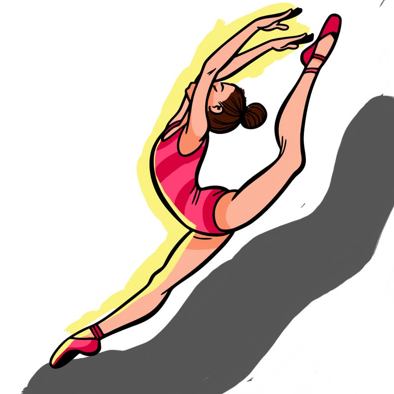 gymnast doing a leap in a leotard with a bent back leg