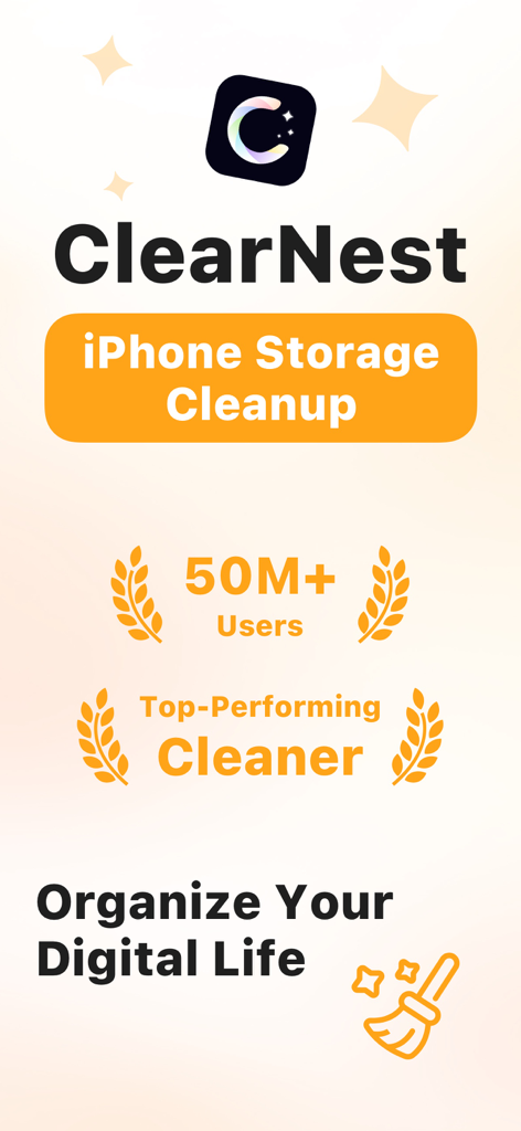 Clear Nest app promotional screen for iPhone storage cleanup featuring 50M plus users and top-performing cleaner status.